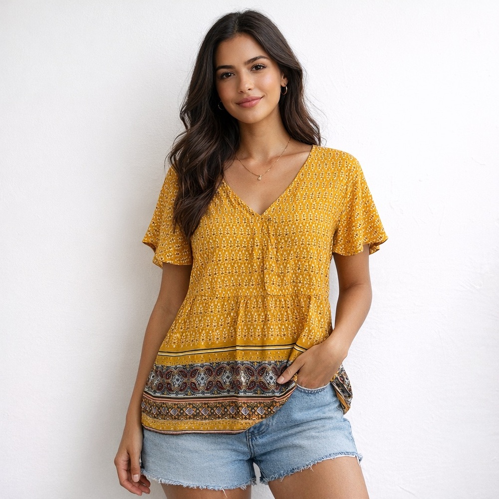 Doe & Rae Mustard Boho Peasant Top Border Print Women S